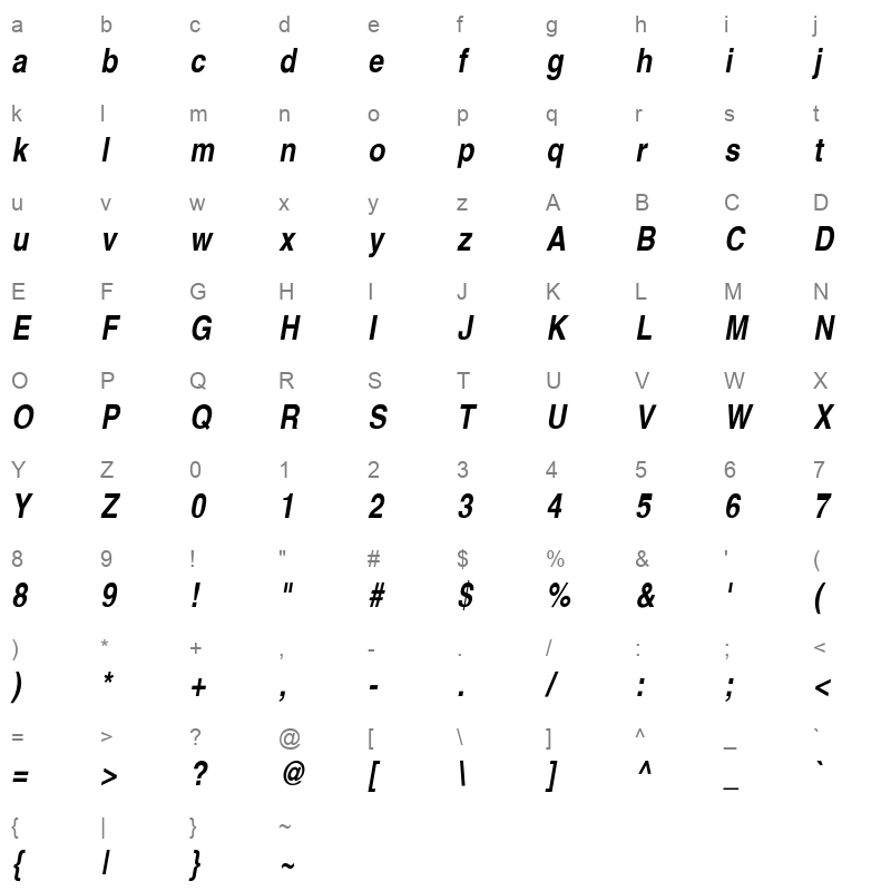 Helvetica Narrow BoldOblique Regular Character Map
