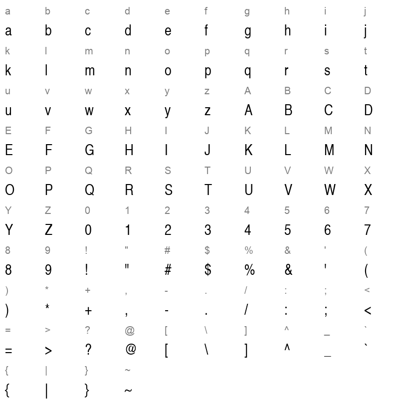 Helvetica Narrow CE Regular Character Map