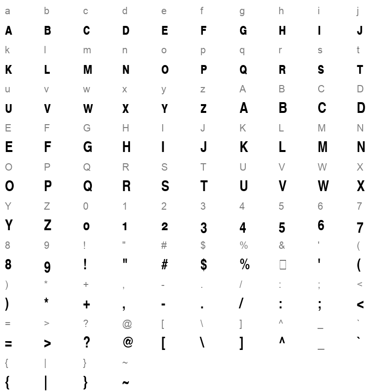 Helvetica Narrow SC Bold Character Map