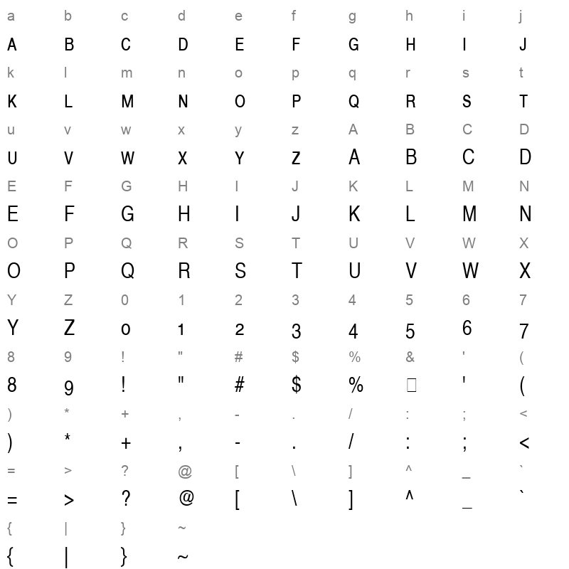 Helvetica Narrow SC Regular Character Map