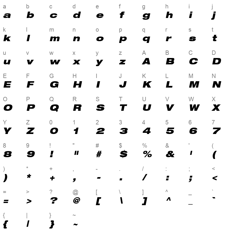 Helvetica Neue LT Pro 93 Black Extended Oblique Character Map