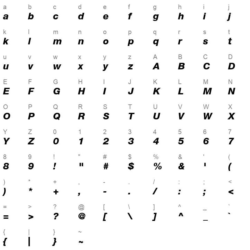 Helvetica86 Heavy HeavyItalic Character Map