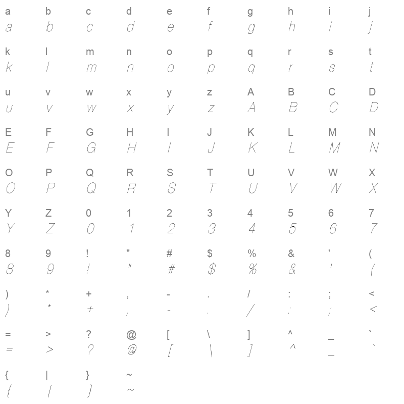 HelveticaCndObl Thin Regular Character Map
