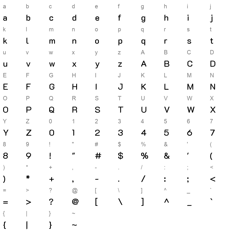K2D Medium Character Map
