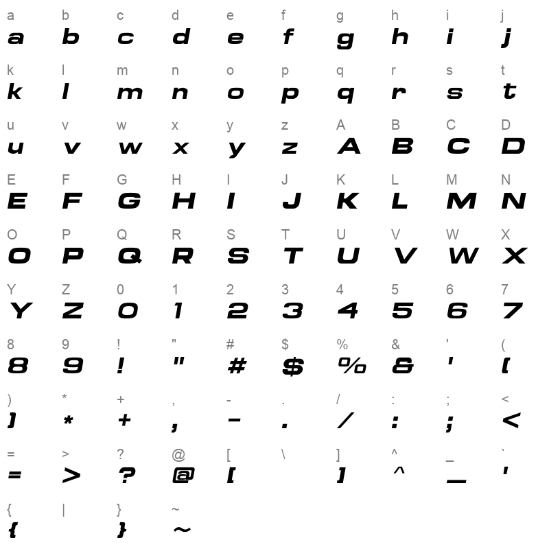LibrestileExtBoldOblique Character Map