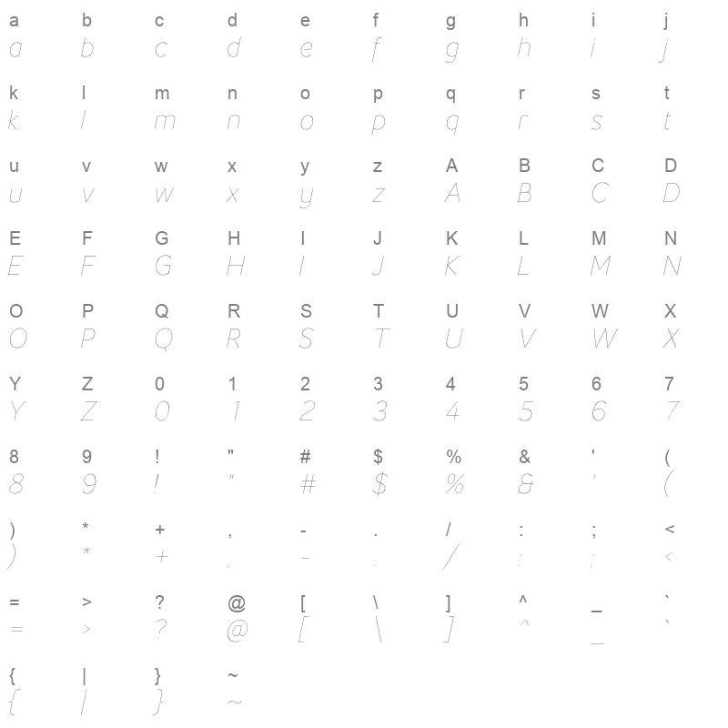 LT Flode Neue HairlineItalic Character Map