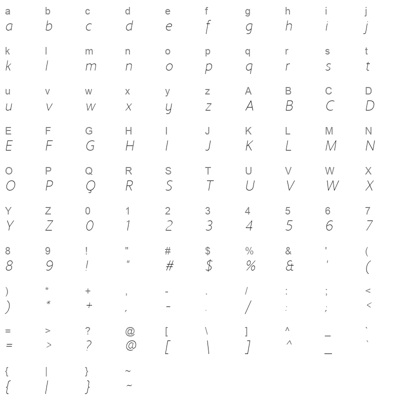 LTStreak ExtraLightItalic Character Map