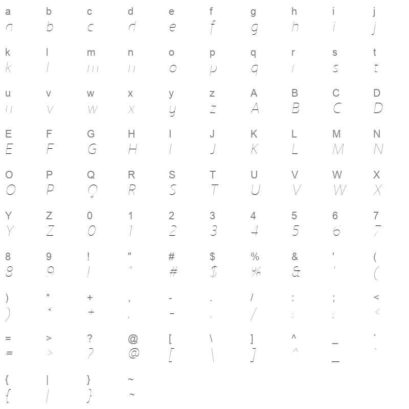 LTStreak ThinItalic Character Map