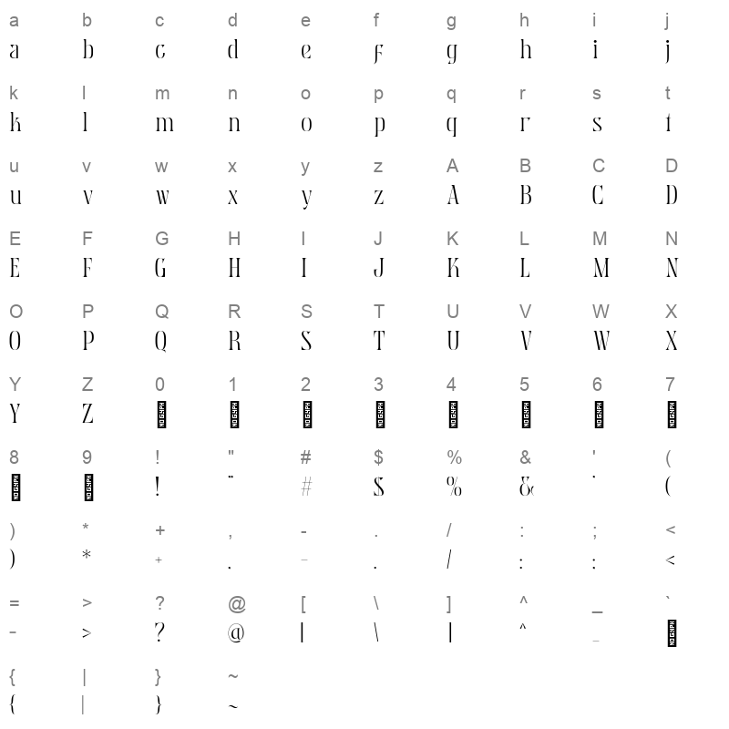 Mobern Fashion Light TTF Character Map