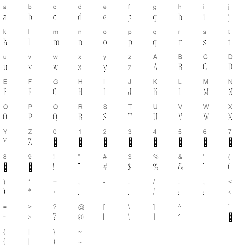 Mobern Fashion Thin TTF Character Map