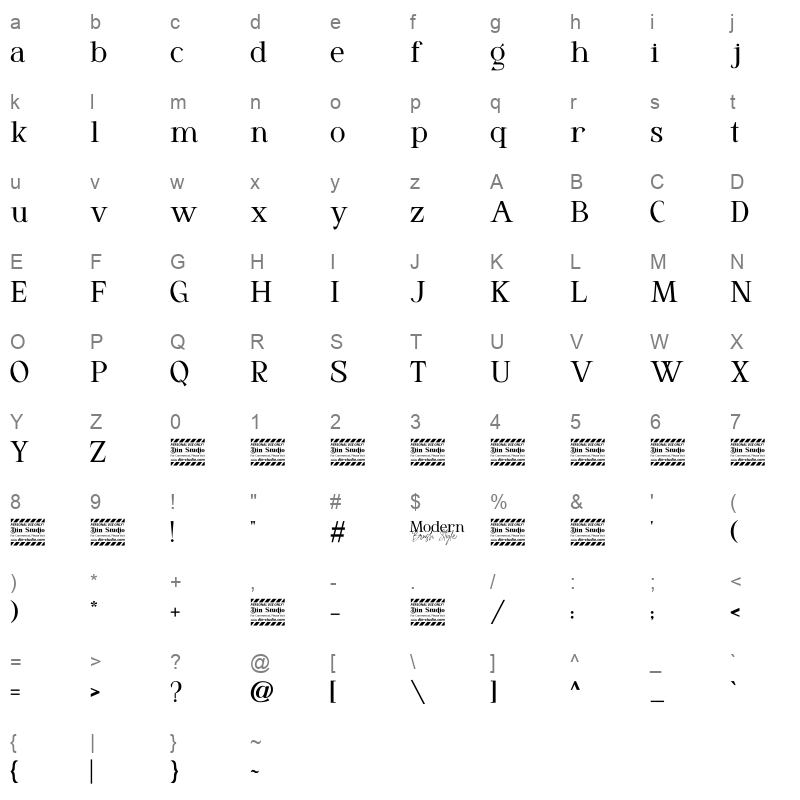 Modern Brush Style Serif Character Map