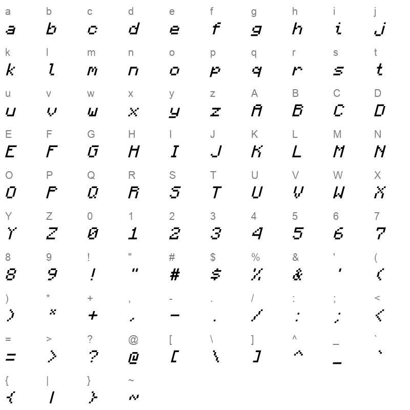 Monocraft Italic Character Map