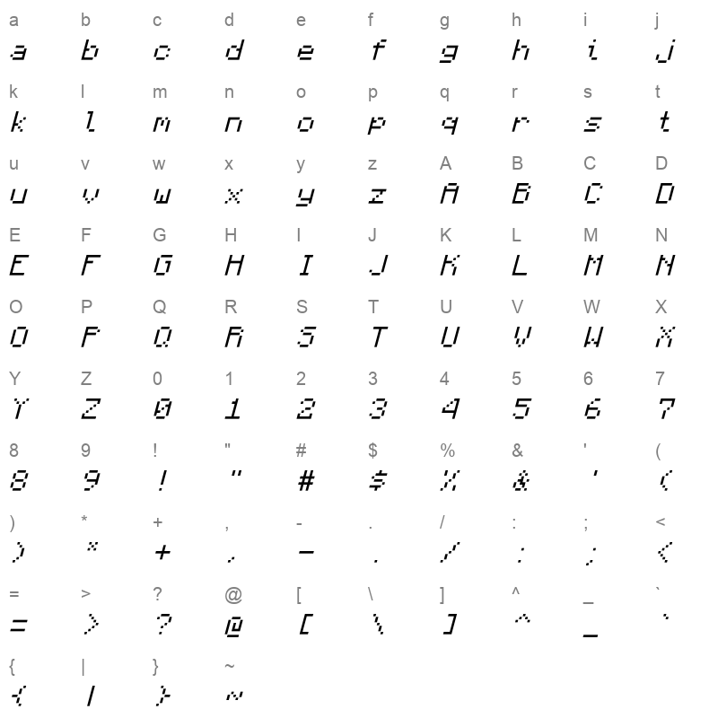Monocraft Light Italic Character Map