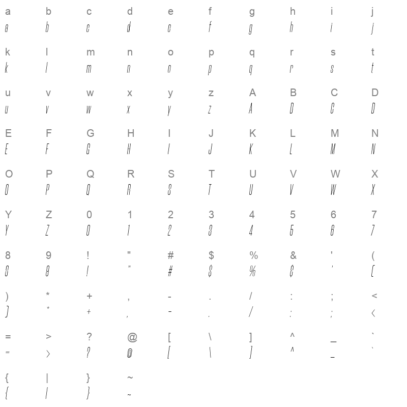 Morganite Extra Light Italic Character Map