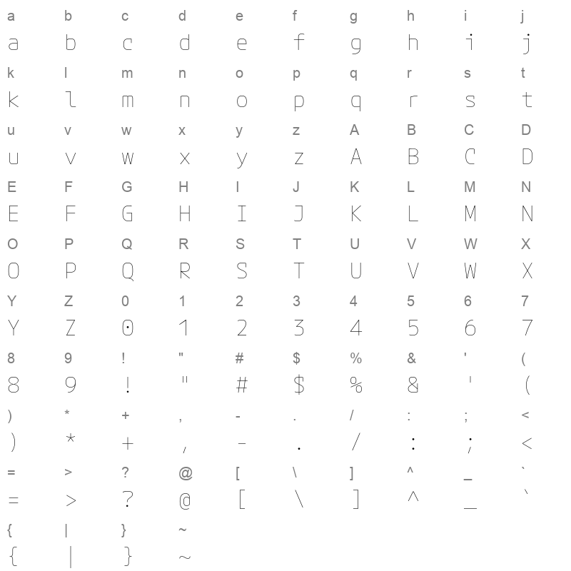 MPLUSCodeLatin Expanded Thin Character Map