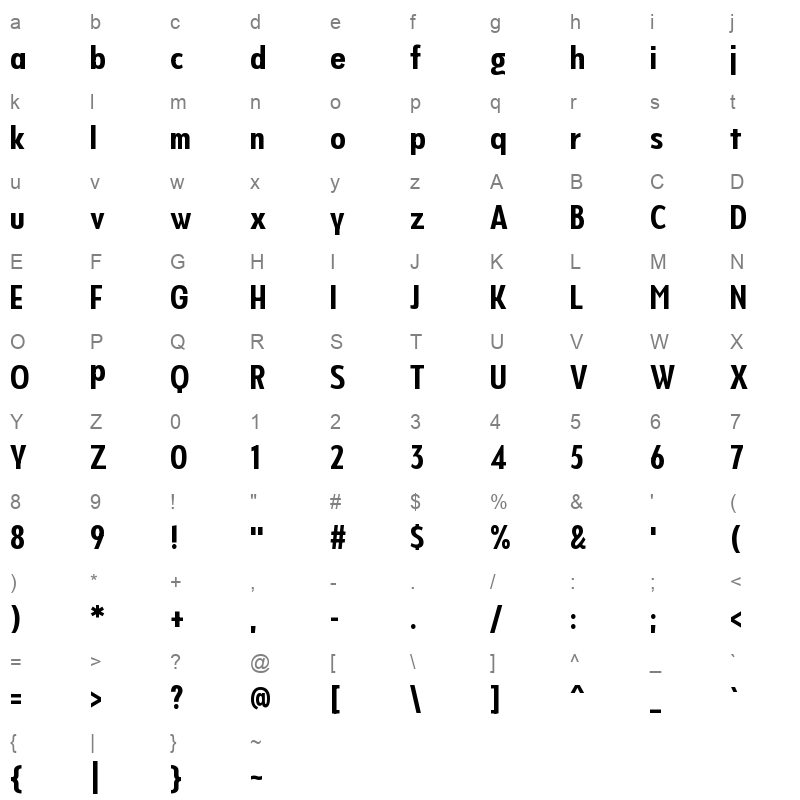 Never Mind Display Extra Condensed Bold Character Map