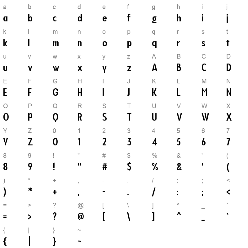 Never Mind Display Extra Condensed Demi Bold Character Map