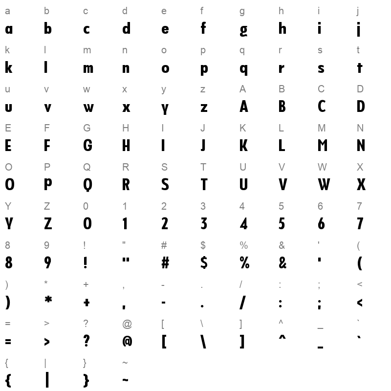 Never Mind Display Extra Condensed Extra bold Character Map