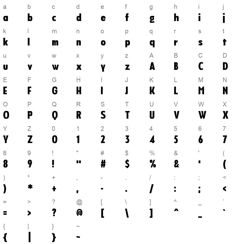 Never Mind Display Extra Condensed Heavy Character Map