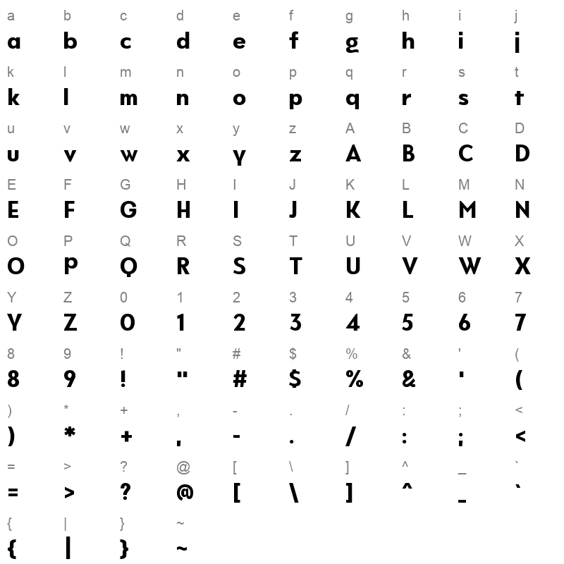 Never Mind Display Semi Condensed Extra bold Character Map