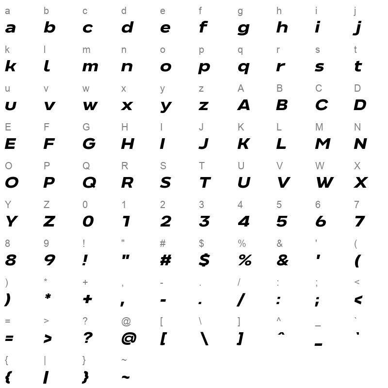 NeverMindExtended HeavyItalic Character Map