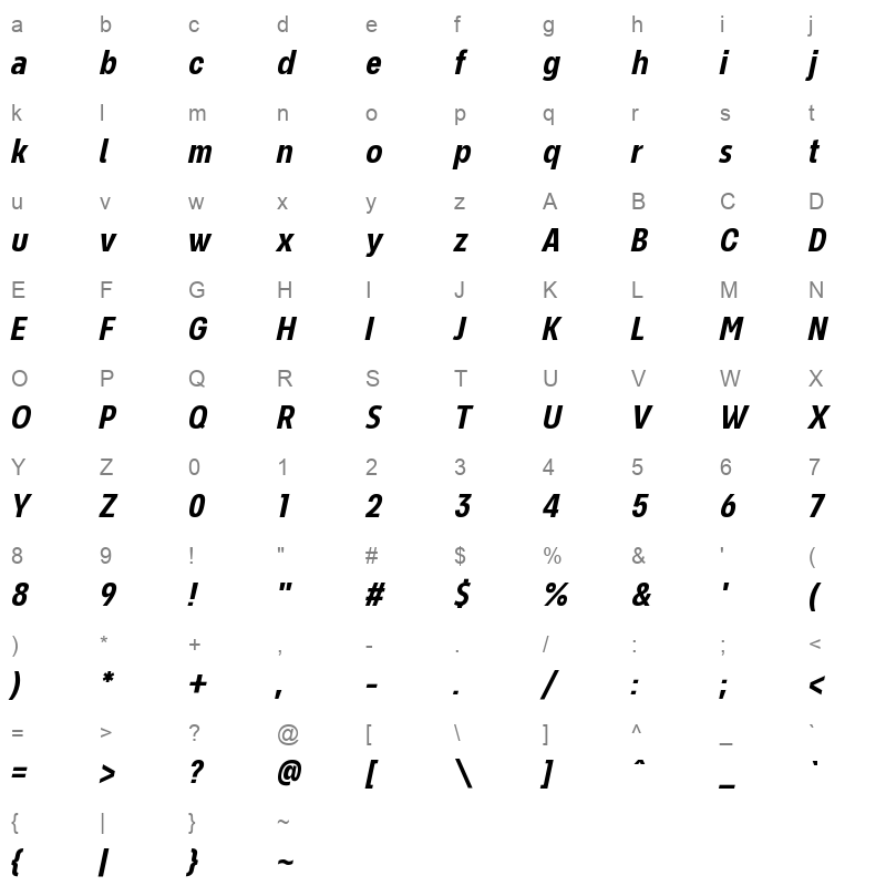 NeverMindExtraCondensed BoldItalic Character Map