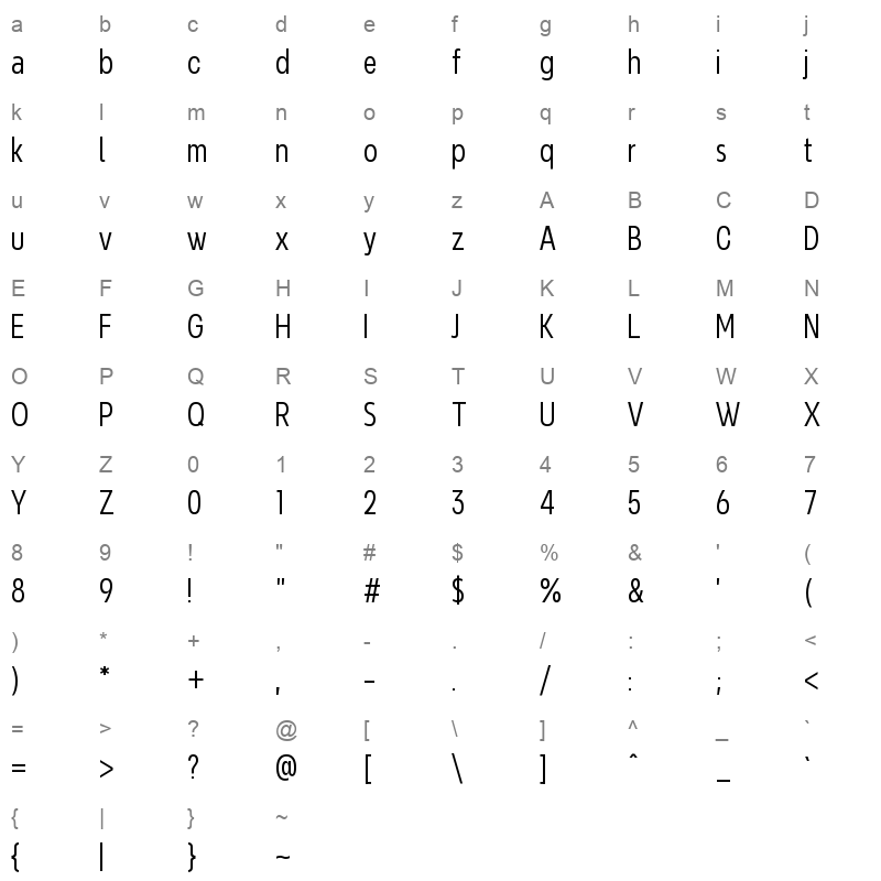 NeverMindExtraCondensed Light Character Map