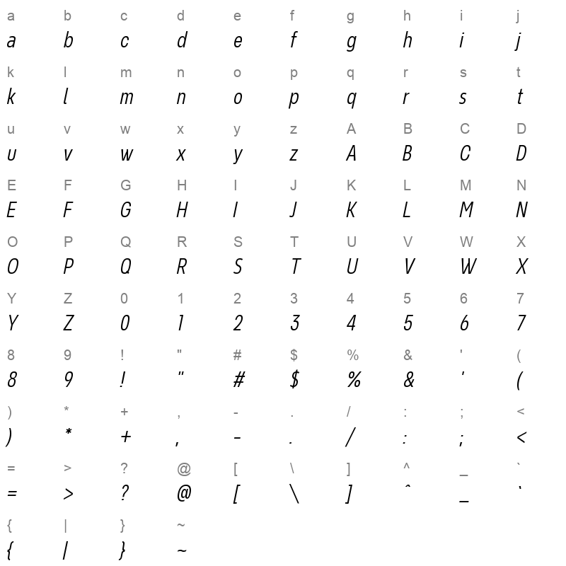 NeverMindExtraCondensed LightItalic Character Map