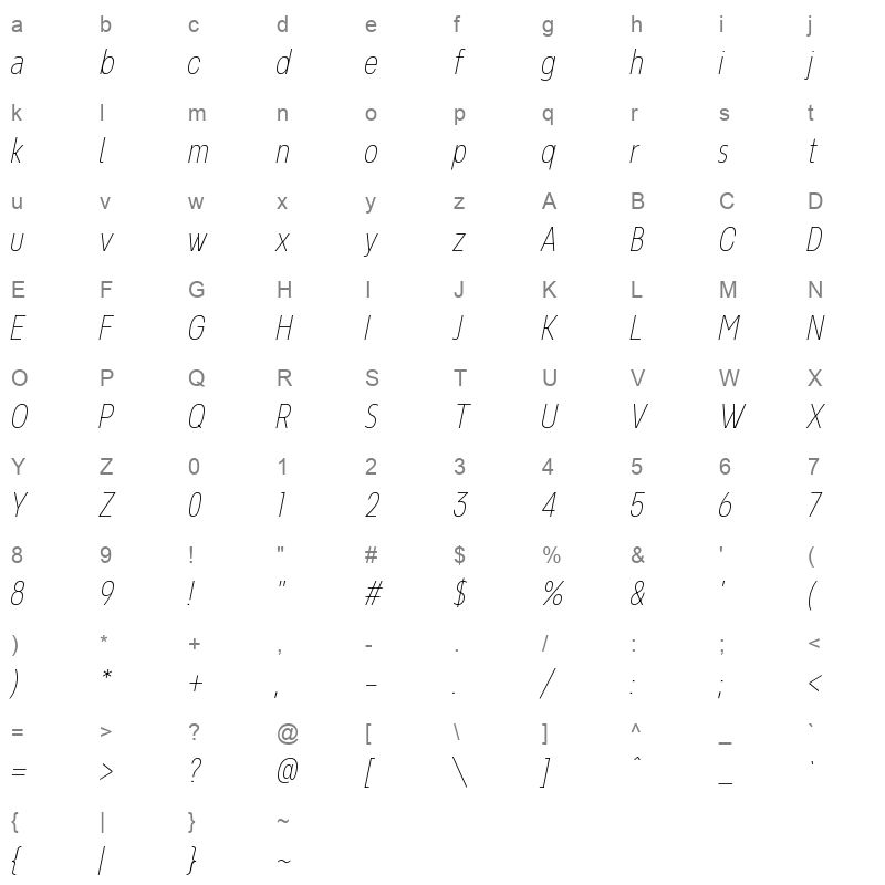 NeverMindExtraCondensed ThinItalic Character Map