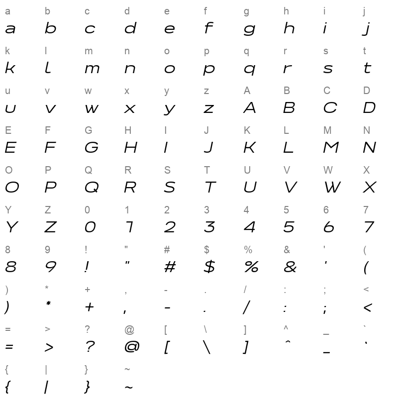 NeverMindExtraExtended BookItalic Character Map