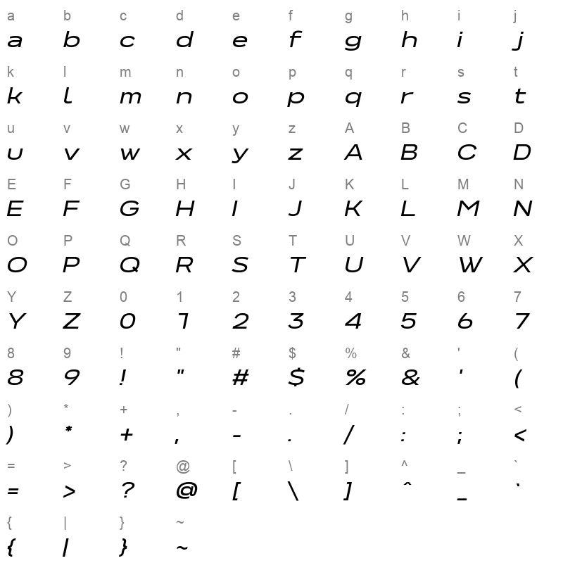 NeverMindExtraExtended MediumItalic Character Map