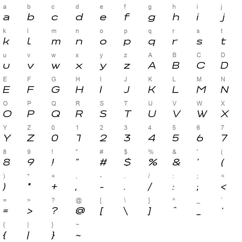 NeverMindExtraExtended RegularItalic Character Map