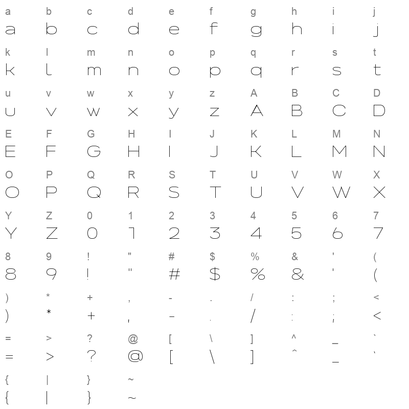 NeverMindExtraExtended Thin Character Map