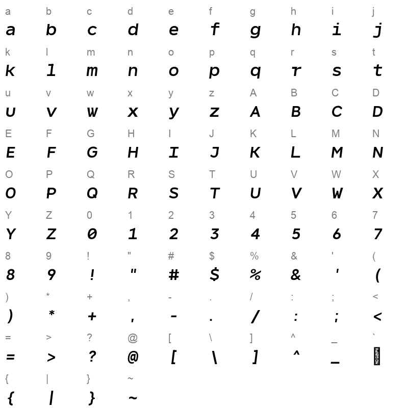 NeverMindMono DemiBolditalic Character Map