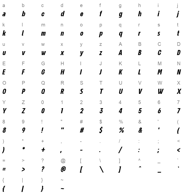 NeverMindUltraCondensed BoldItalic Character Map