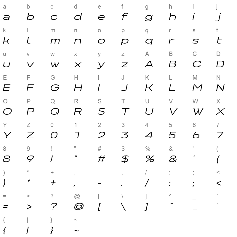NeverMindUltraExtended BookItalic Character Map