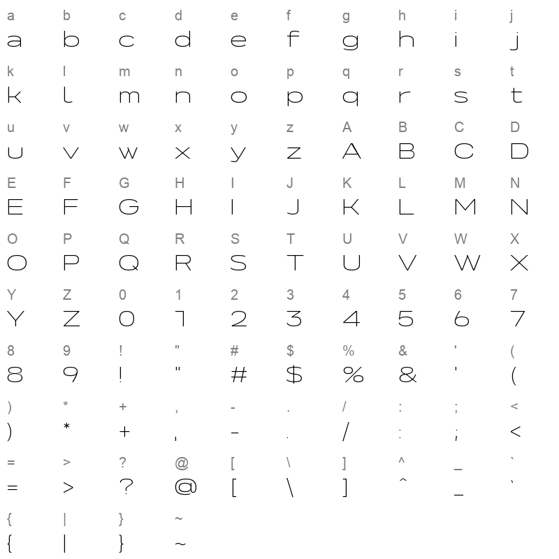 NeverMindUltraExtended ExtraLight Character Map