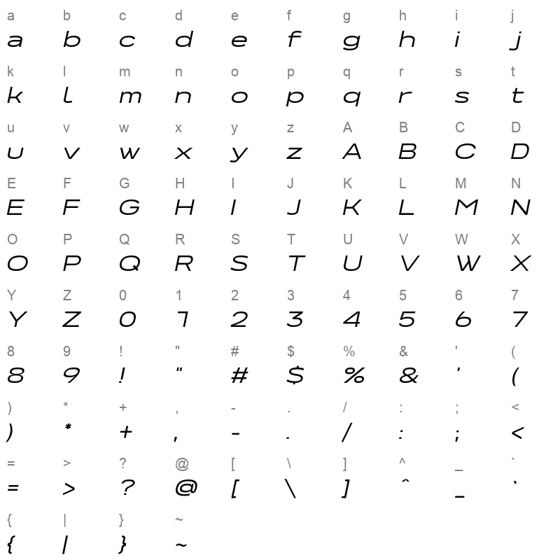 NeverMindUltraExtended RegularItalic Character Map