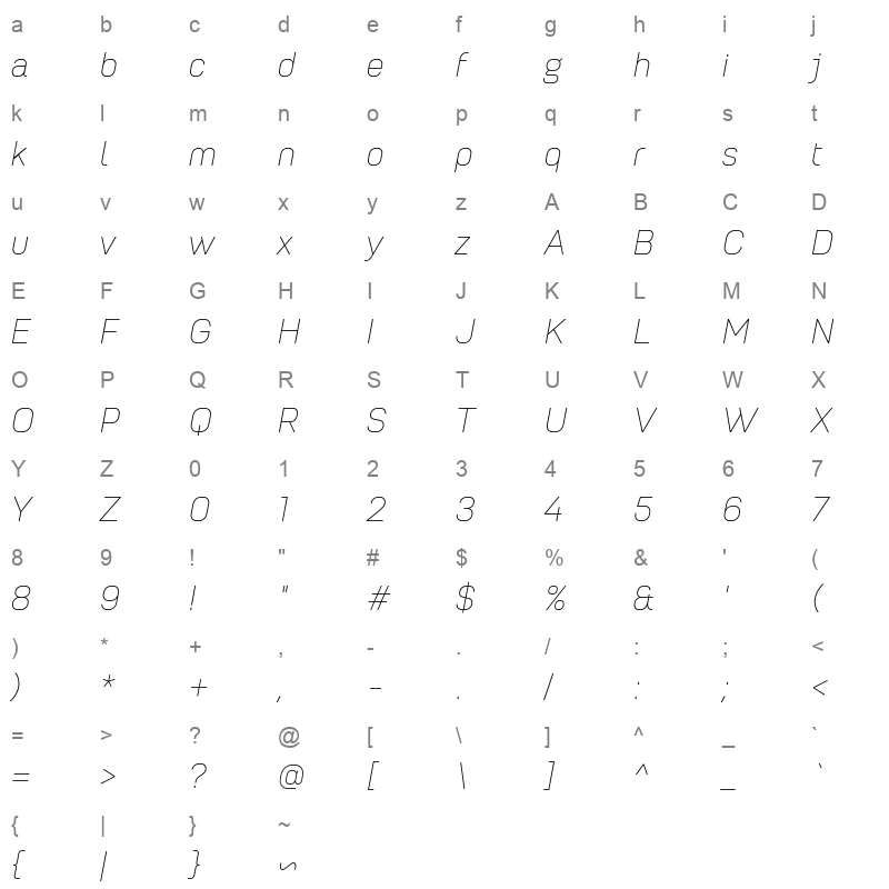 PetrovSans ExtraLightItalic Character Map