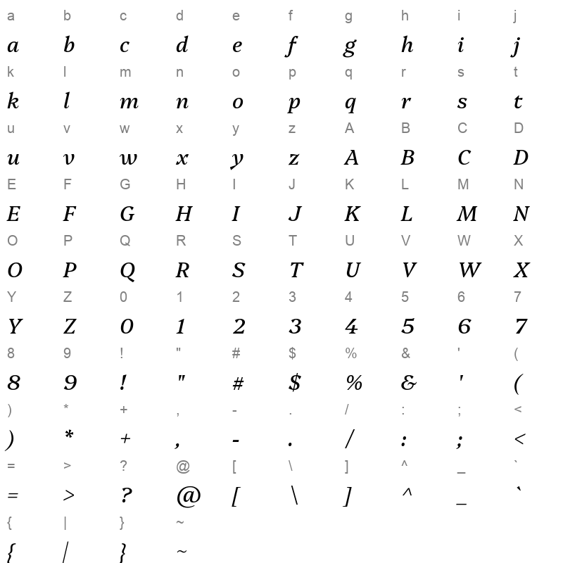 Platypi Italic Character Map