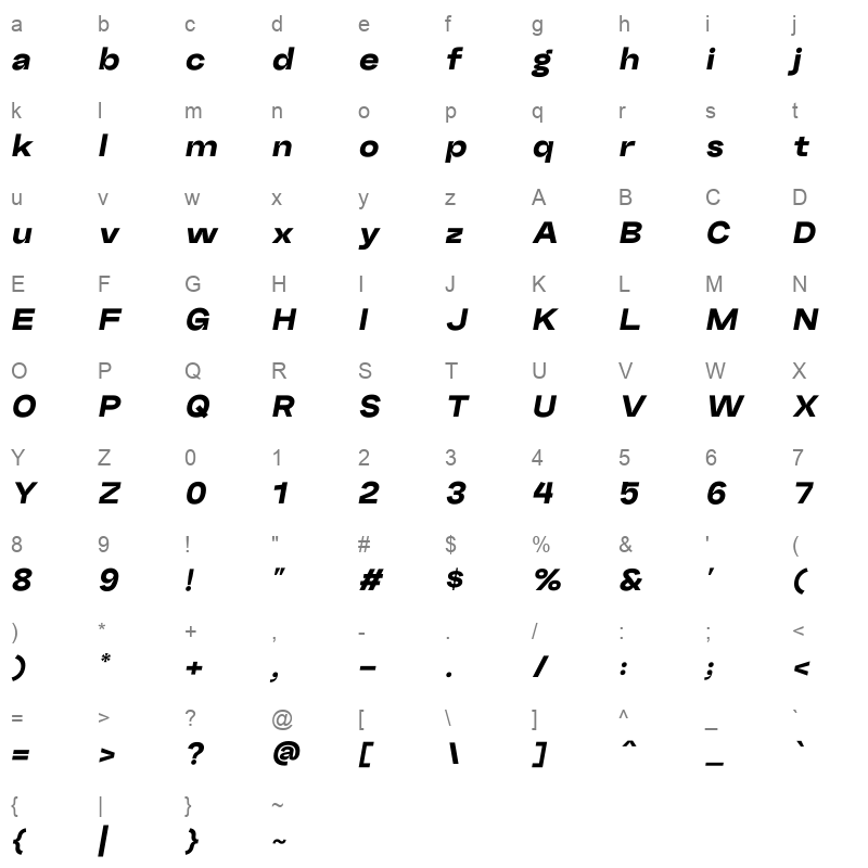 RG Spacious Black Italic Character Map
