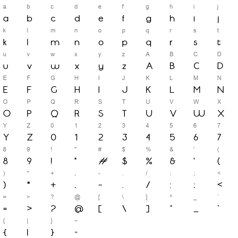 Serenata Vantages Bold Character Map