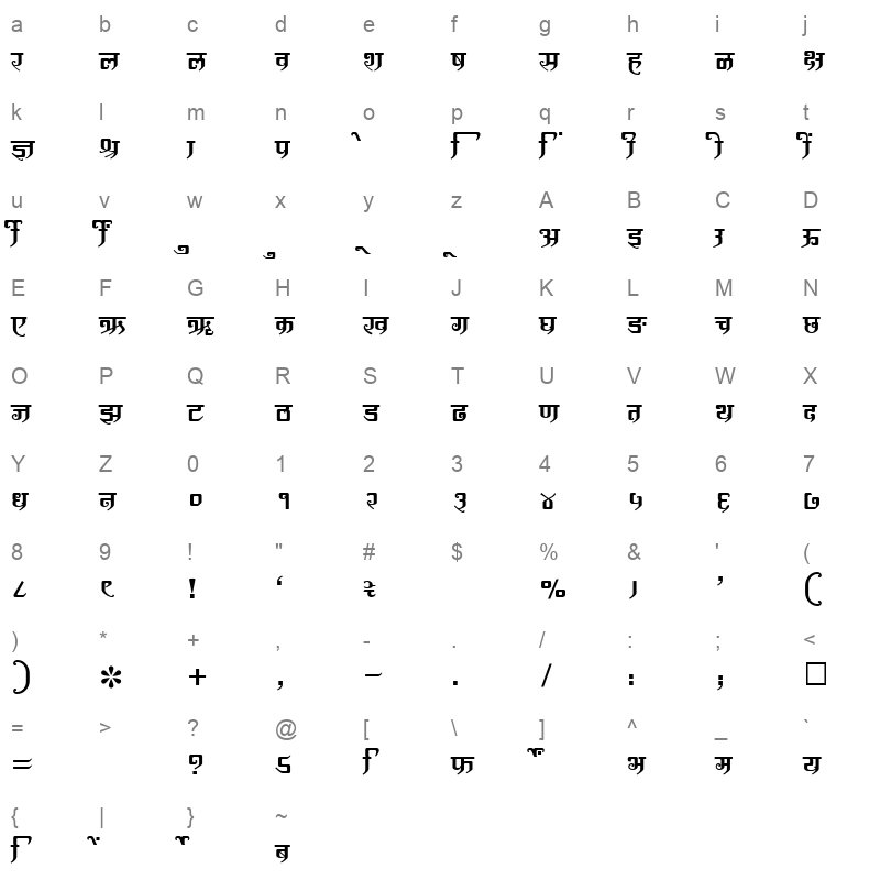 SHREE DEV 1204 Regular Character Map