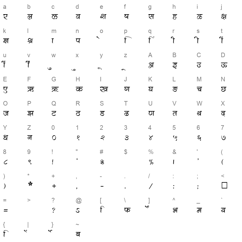 SHREE DEV 1206 Regular Character Map