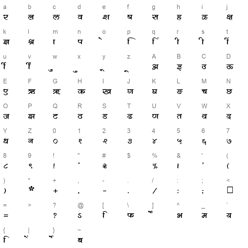SHREE DEV 1207 Regular Character Map