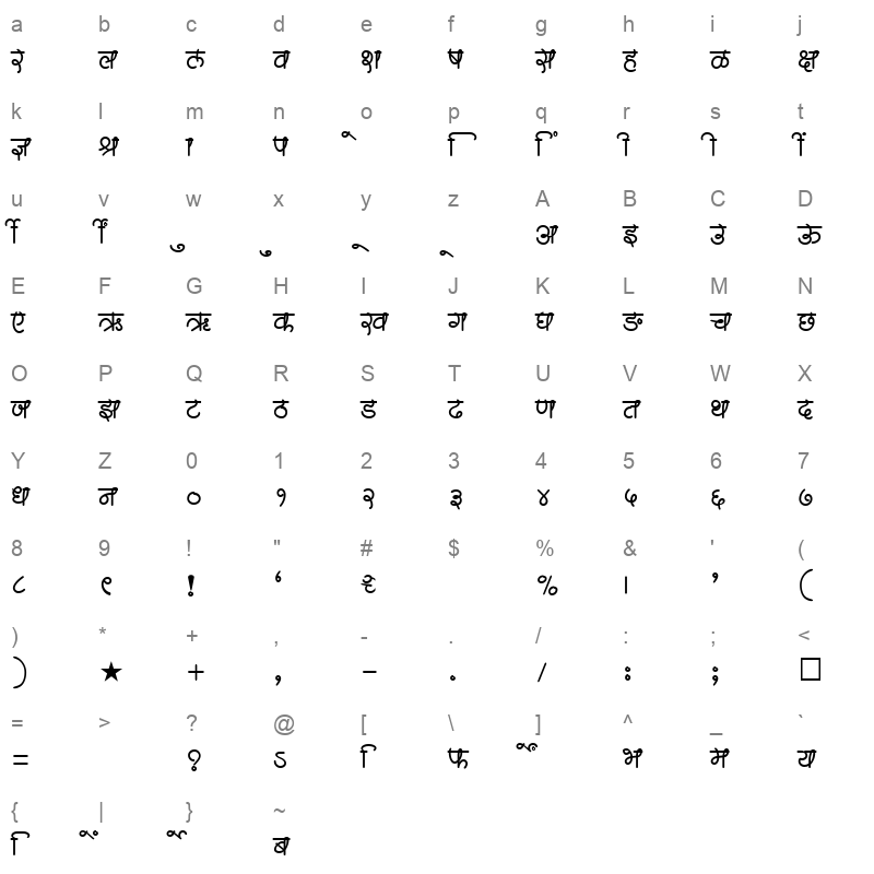 SHREE DEV 1209 Regular Character Map