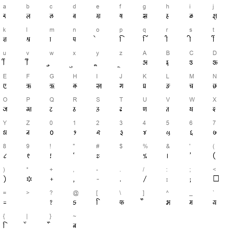 SHREE DEV 1232 Regular Character Map