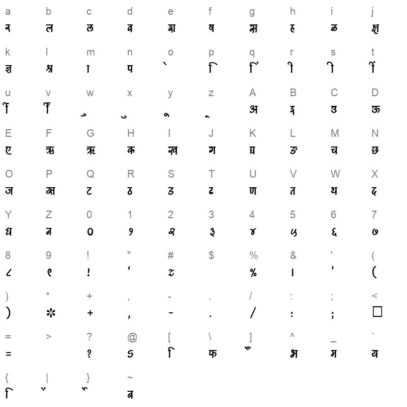 SHREE DEV 1233 Regular Character Map
