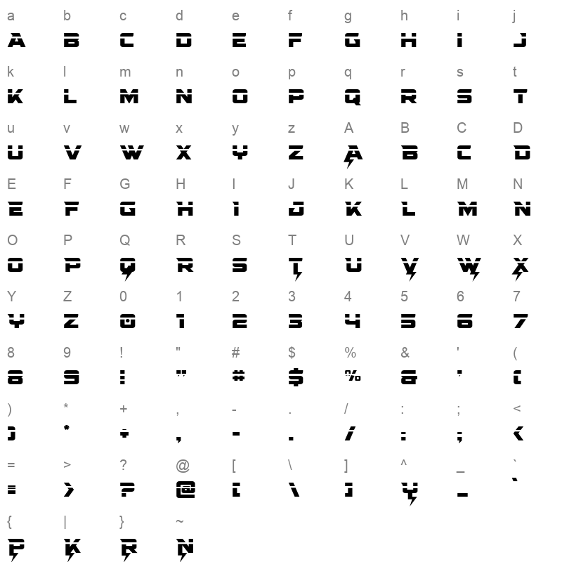 super charge straight laser Character Map