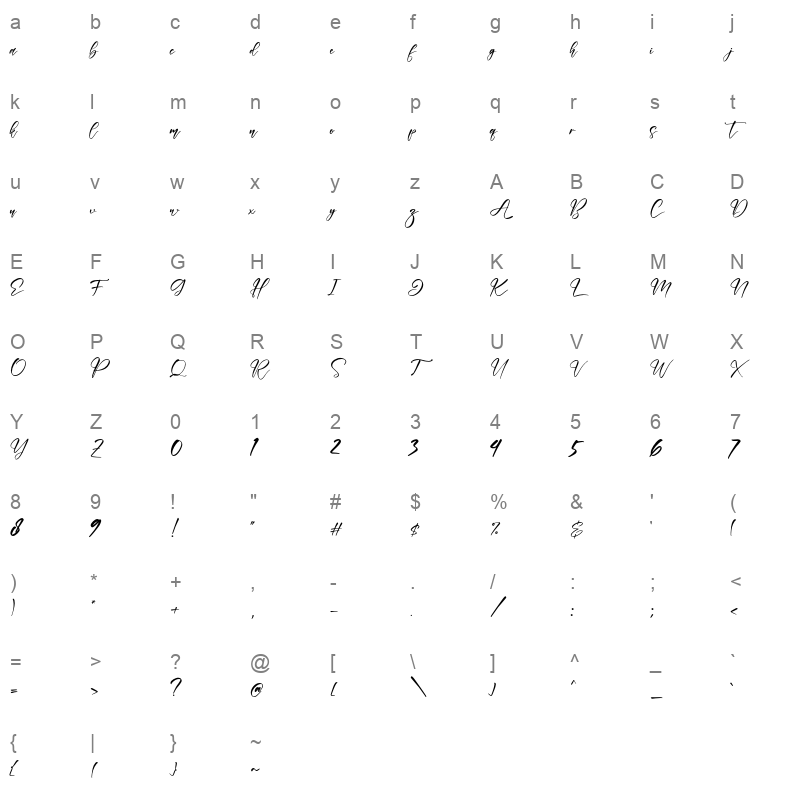 Tabernae Montana (Script) OTF Character Map